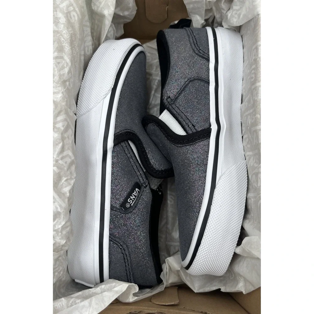 Vans Little Girls Asher Slip On Casual Shoes Size 12 Shimmer Black Gray Sneakers
